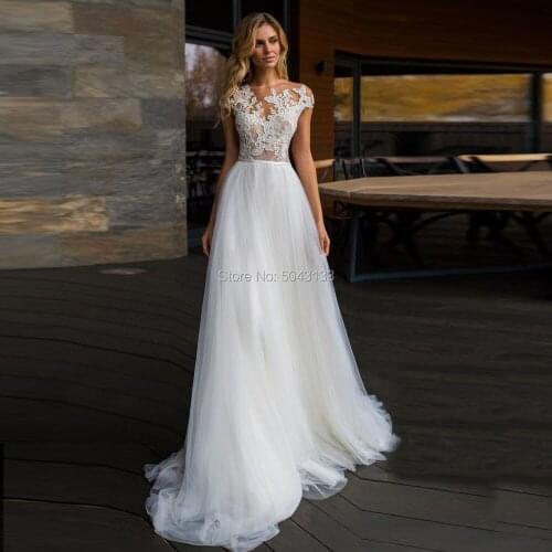 Cheap Wedding Dresses 2021 Lace Appliques Vestido de Noiva Scoop Neck Short Sleeve Tulle Bridal Gowns Button Back Floor Length