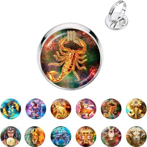 New Arrival Esoteric 12 Constellations Ring Fashion Glass Cabochon Zodiac Signs Rings For Men For Women Birthday Gift Jewelry