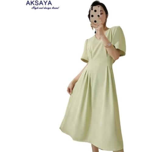AKSAYA Summer Women V-Neck Smooth Short Puff Sleeve Dress High Quality Elegant Temperament Offcie Lady Waist 2021 Fashion New