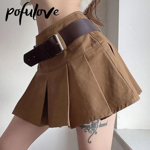 Pleated Skirt with Belt Women Summer Cargo Vintage Short Mini Skirts Punk Gothic Fashion Sexy Streetwear Student Girl Clothes