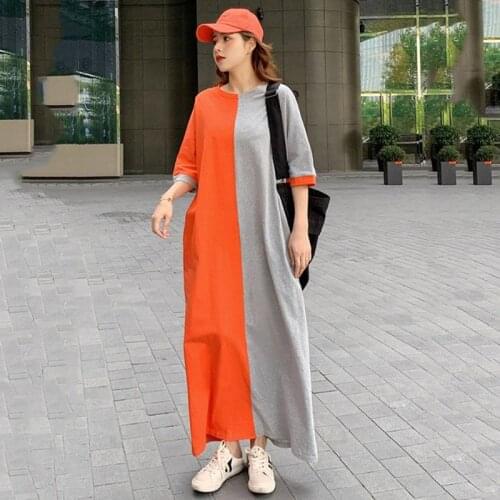 Plus Size 4XL Women Loose Cotton Dress Long Contrast Color Matching Maxi fashion elegant Summer Casual Stay Home Wear LU2097