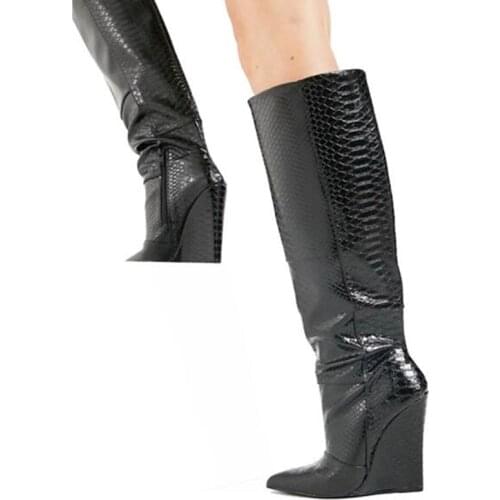 Sexy Black Snakeskin Wedge Boots Pointed Toe Printed Leather Knee High Boots Height Increasing Winter Tall Boots Size 45