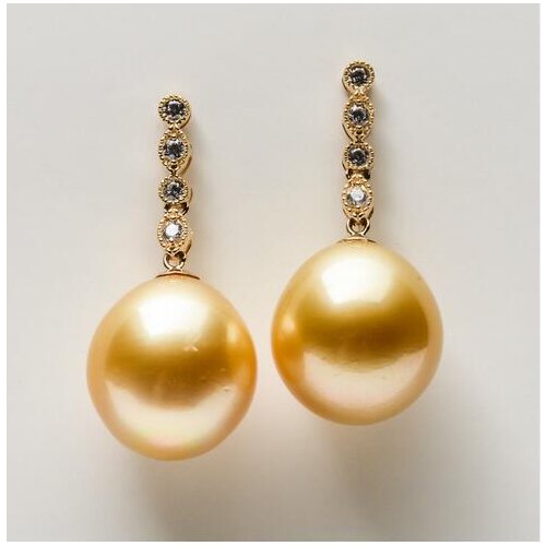 12.1-12.2mm Golden Genuine South Sea Pearl Drop Earrings 14k Solid Yellow Gold