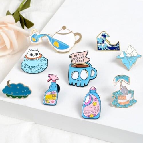 Blue pin Cat coffee Skeleton cup teapot fish lapel Badge Wave Rain cloud Glacier Cartoon Enamel brooch Denim Jackets Bag Jewelry