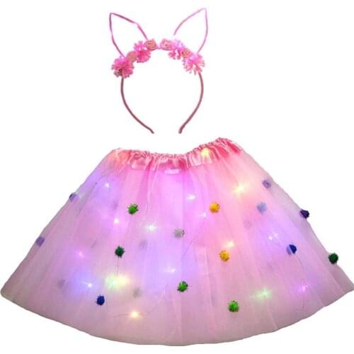 Girls Kids Party Light Up PomponTutu Glow Luminous Skirt Crown Cat Bunny Headband Set Led Clothes Costume Gift 2-8 Years