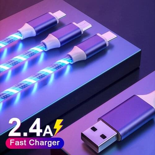 3 In 1 USB Charger Cable Micro USB Type C 8 Pin LED Glowing Charge Cable Smart Phone Charging Wire For iPhone 12 Xiaomi 11 Redmi