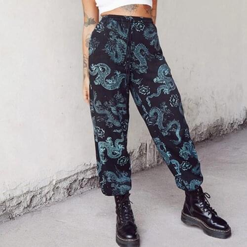 Fashion Women Casual Dragon Print High Waist Loose Wide Leg Long Pants Trousers Women Streetwear Pants Harajuku Gothic Vintage