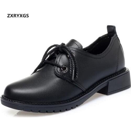 2020 New Autumn Lace-up Genuine Leather Shoes Square Heel Non-slip Comfortable Shoes Plus Size Women High Heel Shoes Black White