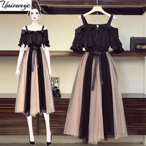 Plus Size Women Off Shoulder Solid Shirts + Long Mesh Skirts Fashion Sets Summer Casual Ruffles Slash Neck Female Suits H83