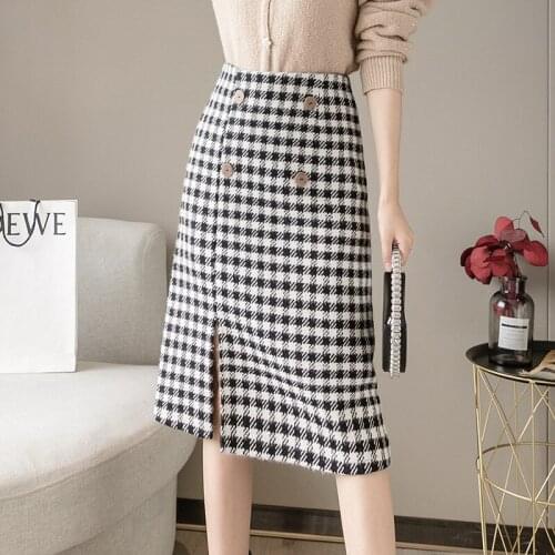 Womens Woolen A-line Skirts Korean Plaid Office Ladies Elegant Split Skirt Female 2020 Winter High Waist Midi Long Skirt