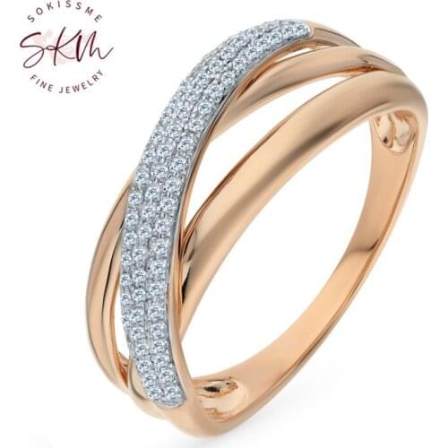 SKM Vintage 14K rose gold Chic Rings For women Sparkling Diamond Engagement Anniversary Simple Style Eternal Fine Jewelry