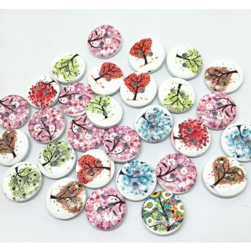 100pcs 15mm Mixed Tree Patterns Wood Christmas Buttons Craft Scrapbook Round Sewing 2 Holes diy Button Embellishments
