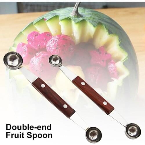 3Pcs Stainless Steel Wood Handle Double-end Melon Ballers Fruit Spoon Ice Cream Dessert Scoop Household Kitchen Fruit Tools