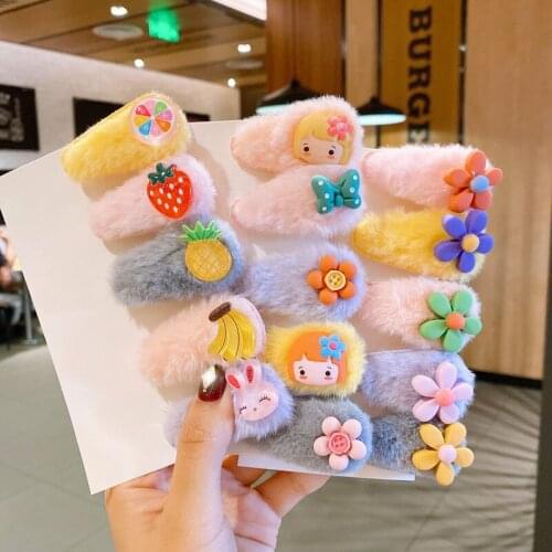 5pcs/Set Cute Baby Girl Hair Clips Cartoon Fruit Animal Kids Hairpins Plush Princess Children Hair Accessories For Girls Clips