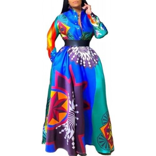 Dashiki African Shirt Dress Women Full Sleeve High Waist Corset Robes 2021 New Print Bazin Riche African Office Lady Maxi Dress