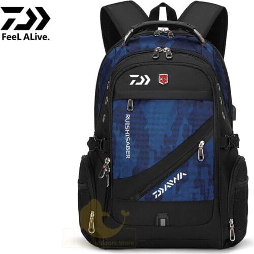 Daiwa Mens Outdoor Sport Fishing Backpack Travel Breathable Waterproof Backpack Multi-function USB Charging Zipped Fishing Bag