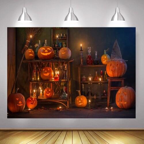 Halloween Pumpkin Lantern Photography Backdrops Wizard House Halloween Children Portrait Background Candle Potion Photocall