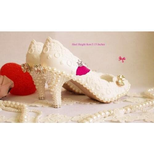 Formal 8 cm High heel dress shoe Pearl sparkling diamond White wedding shoes handmade Lace wedding shoe pearl shoes