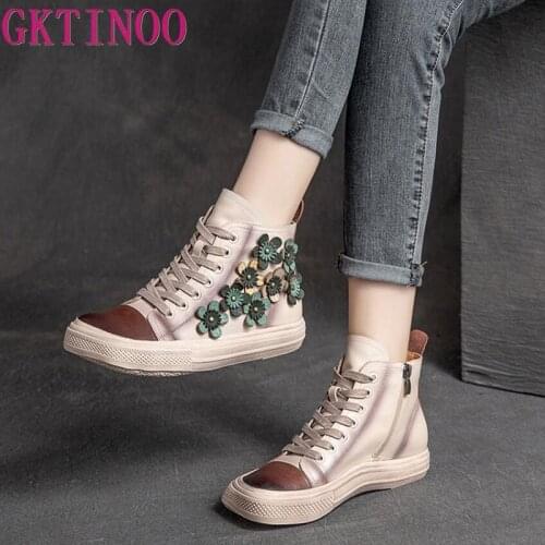 GKTINOO Retro Lady Flat Boots Lace UP Flower Designer Woman Fashion Shoes Genuine Leather Vintage Forest Boots Ankle Shoes 2021