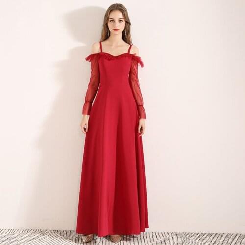 Off The Shoulder Red Prom Dresses Long Sleeves Ruched Neckline 2019 A-line Formal Party Dresses Simple Prom Gowns Cheap