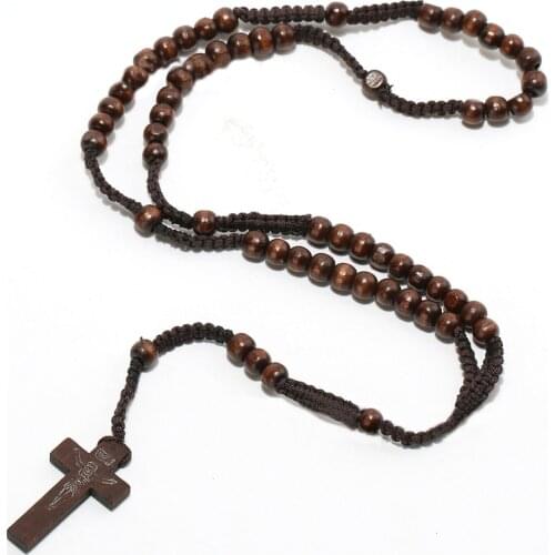 2017 Trendy Wooden Rosary Beads Jesus Christ Jesus Cross Pendant Long Chain Round Beads Necklaces For Women Men Jewelry