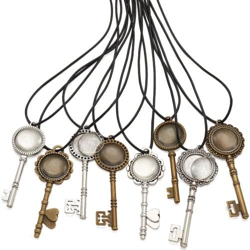 24Sets Waxed Cord Key Base Setting with Glass Cabochons Charms Pendants Necklace DIY Jewelry Making Mixed Color
