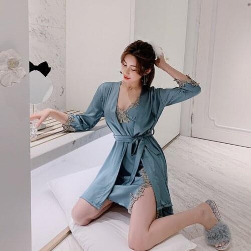 2021 New Sexy Nightgown Women Spring Autumn Ice Thin Suspender Nightdress Two Piece Net Red Lace Nightgown Sleepwear Women Set