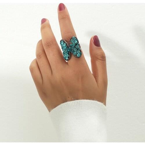 New Fashion Jewelry Adjustable Blue Rhinestones Butterfly Shape Ring Birthday Party Simple Ring for Women