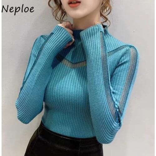 Neploe Half High Neck Hollow Out Solid Knit Pullovers Female Long Sleeve Slim Office Ladies Knitted Tops Bottoming Sweater Women