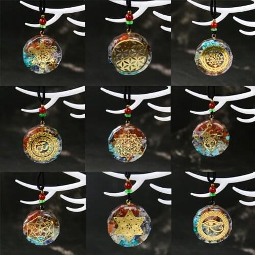 Natural Crystal Gravel Orgone Pendant Necklace Metatron Cube Orgonite Energy Chakra Reiki Sri Yantra Healing Eye EMF OM Jewelry