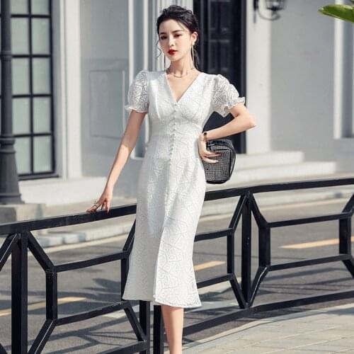 French Women Summer Casual White Lace Dress sexy Temperament Dress Women Party Fashion Split fork Dress vestidos summer dress