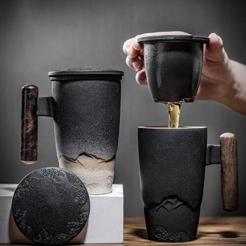 Luxury Retro Tea Cup Ceramic Mug Large Capacity Office Filter Black Water Cup with Cover Mugs Wooden Handle Cups Gift Ideas Box