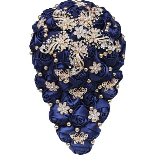 Luxury Wedding Bouquets for The Bride and Bridesmaids Pearl Rhinestones Bouquets Navy Blue Satin Rose Wedding Supplies W310