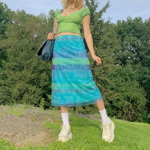 Print Striped Skirts Summer Women Mesh Floral Y2K High Waist 90s Harajuku Casual Party Streetwear Bodycon E-girl Midi Skirts