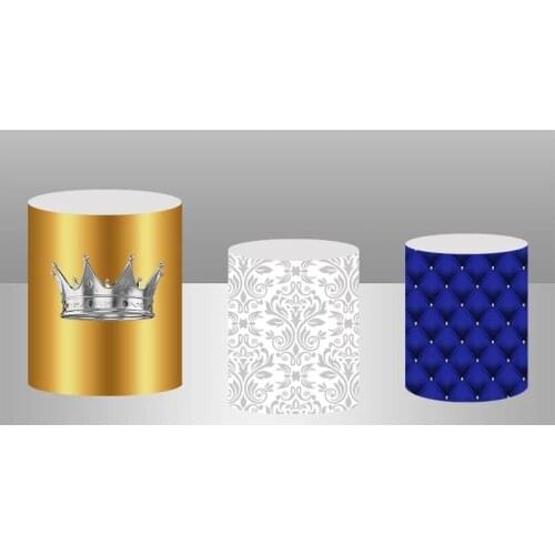 Sensfun Boys Baby Shower Newborn Cylinder Plinth Covers For Silver Crown Gold Royal Blue Kids 1st Birthday Party Round Backdrop