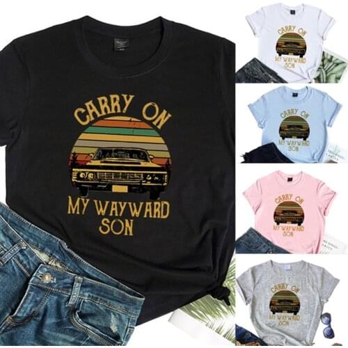 Supernatural Carry on My Wayward Son Printed Tee Shirt Short Sleeve Round Neck Tops
