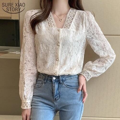 Spring 2021 Lace Bottoming Shirt Women Long Sleeve Top Female French Style Sweet Top Lace Shirt Single Breasted Top 13857