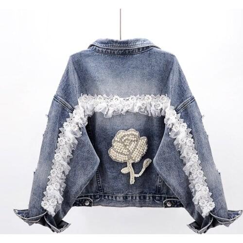 High-end Brand Denim Jacket Short loose Women Coat Fashion Spring Vintage Diamond Beaded Lace bat sleeve jeans Jacket Casual Top