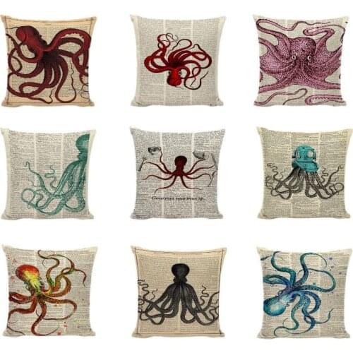 Funny Octopus Throw Cushion Cover Creative Retro Series Earth Newspaper Pillow Cases Decor For Sofa Room Linen Cotton Kussenhoes