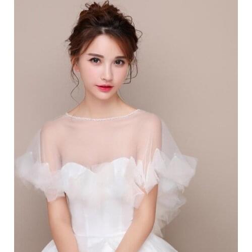 Women Sheer Tulle Ruffle Trims Bridal Bolero Wraps Short Ladies Wedding Cape Shawl Pullover Shrug Bride Bridesmaids Accessories