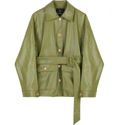 Green Vintage Faux Leather Jacket Plus Size Women Autumn Female Korean Waist Belt Jacket Large Size Ladies PU Coat Oversize