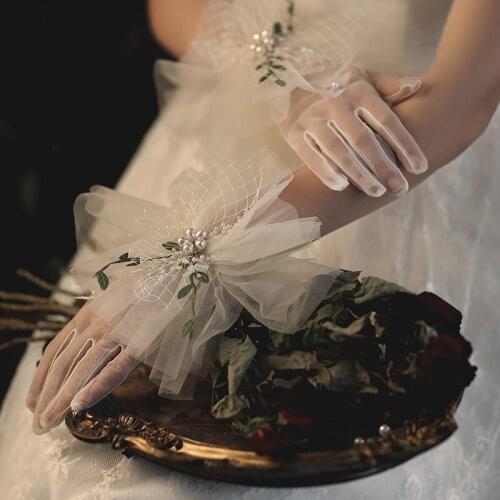 Women Summer Sexy Lace Hollow Forest Style Transparent Beautiful Pearl Net Yarn Japanese Luxury Dinner Etiquette Gloves