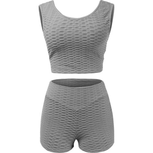 40GC Women 2pcs Workout Outfit Sleeveless Crop Top High Waist Butt Lift Ruched Shorts