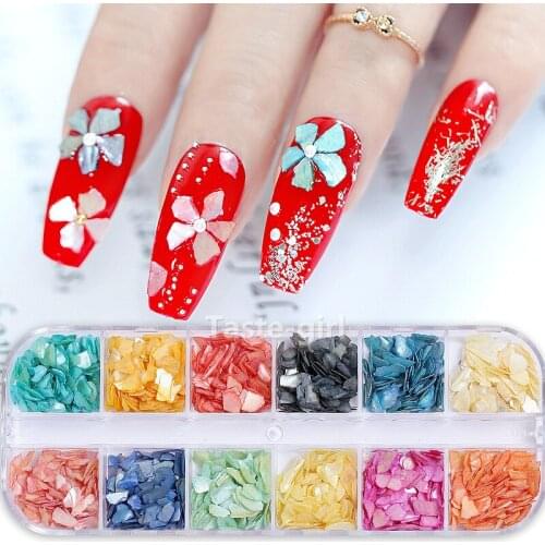 1 Box glitter nail art tips decorations rhinestones natural shell fragments fake nails accessories nail dipping powder set