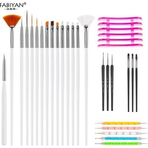 26pcs Nail Art Manicure Acrylic Gel UV Brush Dotting Liner Fin Flat Builder Design Painting Drawing Tools Set + Pen Holder Free