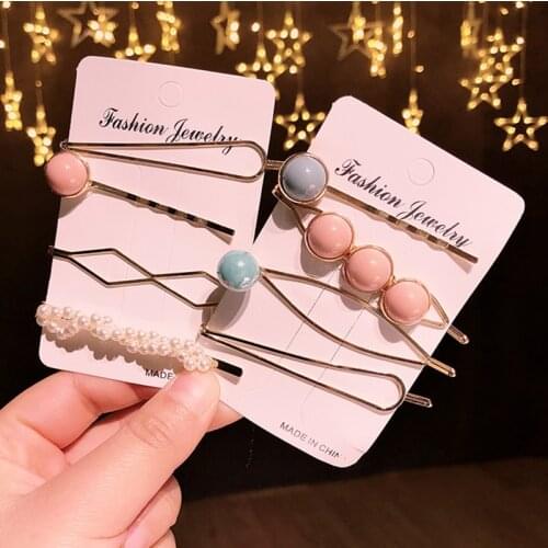 4pcs/Set Korea Metal Colorful Beads Hairclip Imitation Pearl Hairpins Women Irregular Geometric Hair Styling Accessories M36