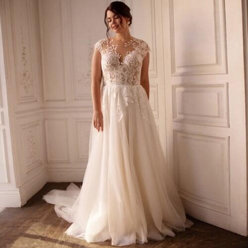 9612#Elegant A-Line Plus Size Wedding Dress 2021 Tulle Appliques Lace Cap Sleeve Button Back Court Train Bridal Gowns