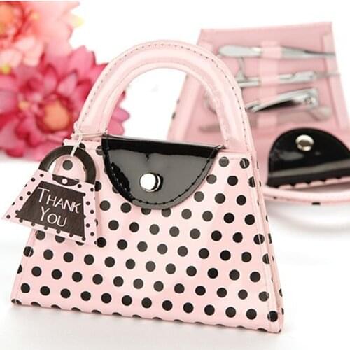 Free shipping 16sets/lot Wedding Favor Giveaway Gift Pink And Black Polka Dot Purse Manicure Set Wedding Gift
