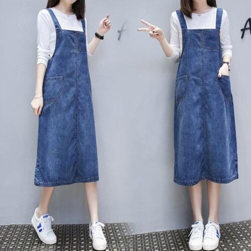 Free shipping Large size women cowboy Sling dress 2019 Autumn Winter Long Korean dress Fashion denim vest dress Youth clothing