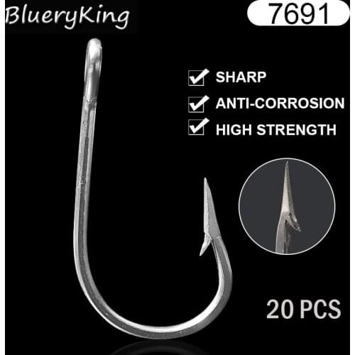 BlueKim 7691 20 Pcs/Pack Stainless Steel Shark Fish Hooks Sea Big Game J Type Assist Fish Hooks Fish Tuna Bait Fishhooks